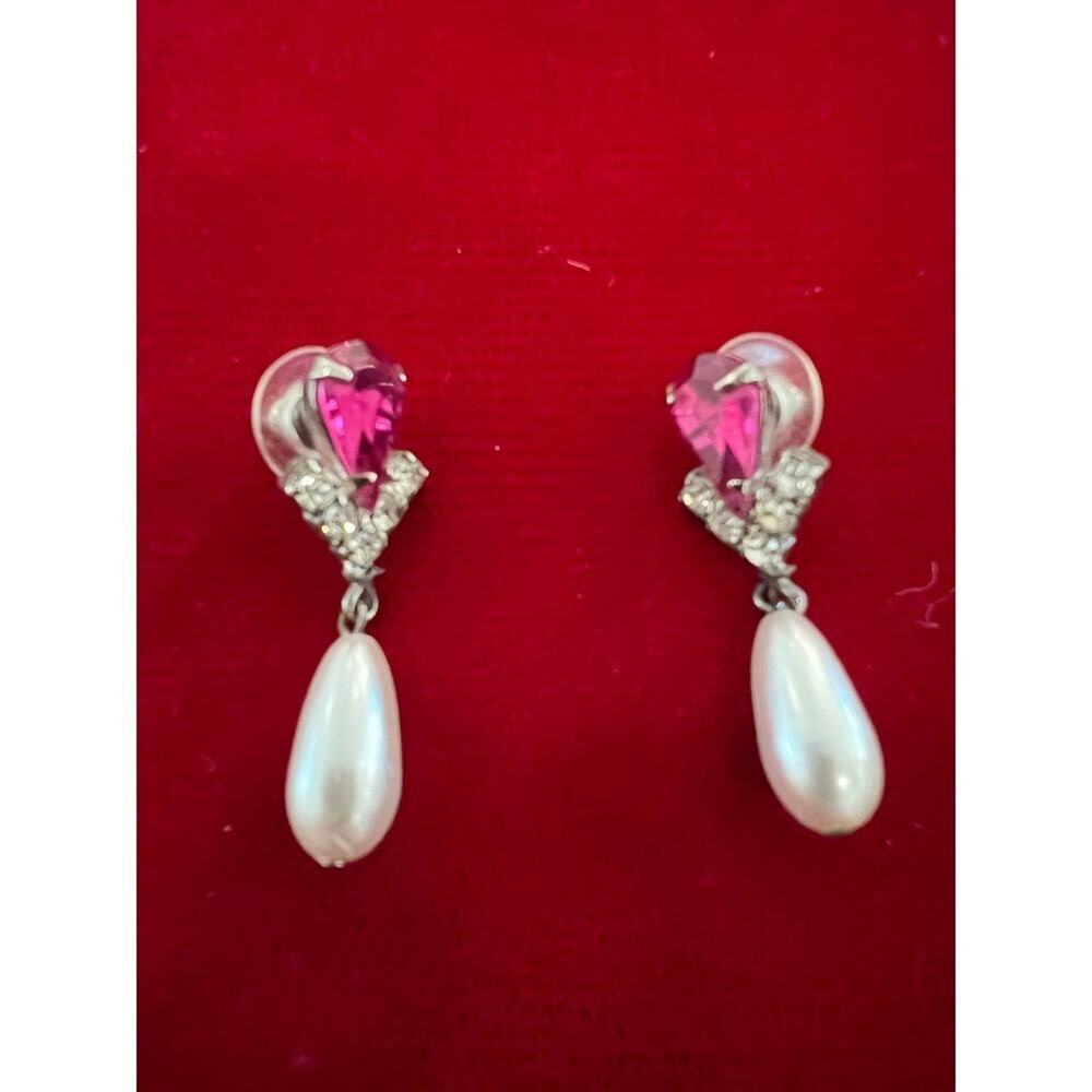 Vintage Pink Rhinestone Drop Pearl Earrings with Post Backs